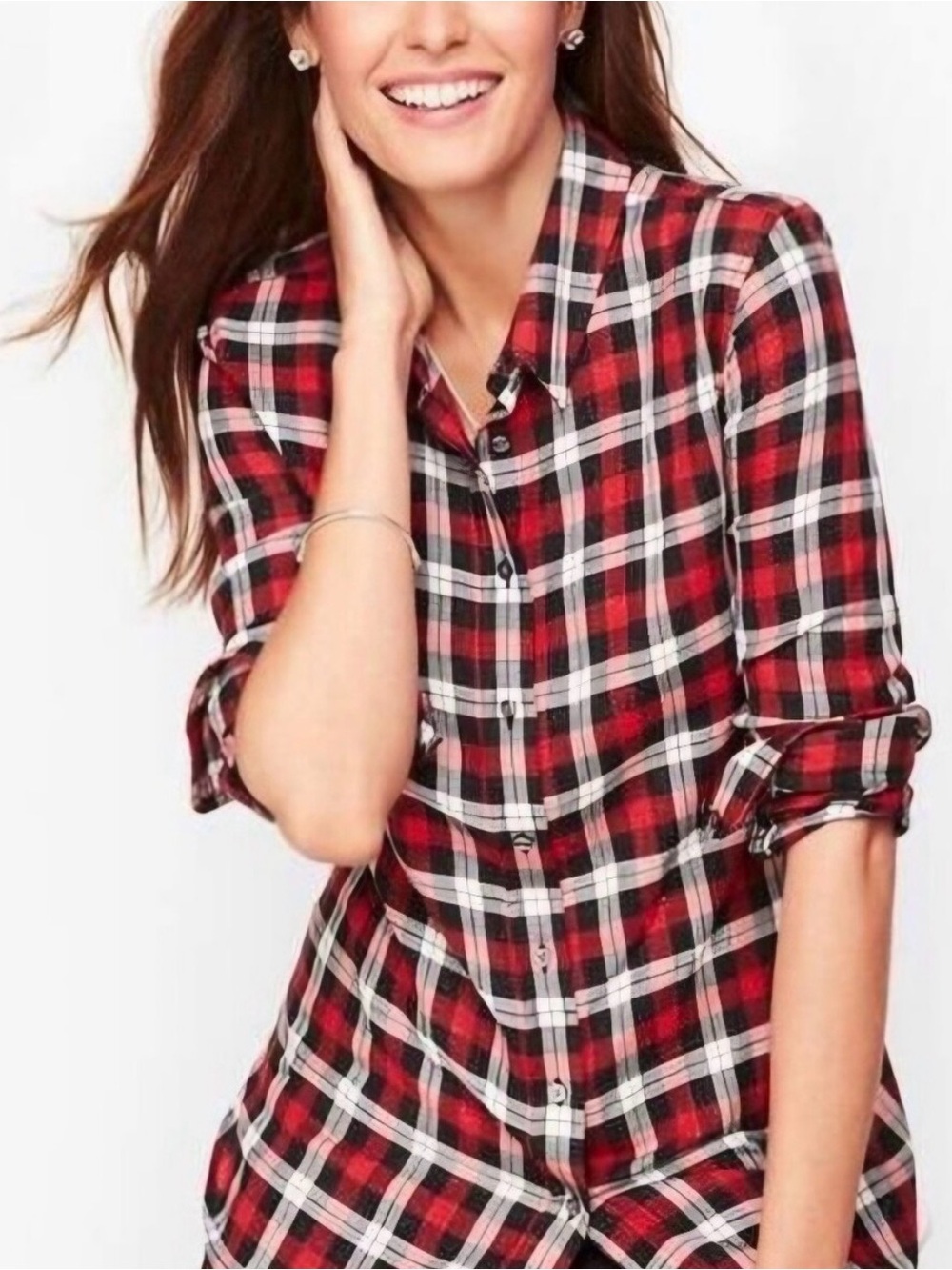 Talbots Red Black White w Metallic Plaid Button-Down Shirt. XS